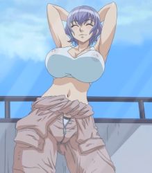 Rule 34 | 10s, 1girl, arbeit shiyou!! let`s arbeit!, armpits, arms behind head, arms up, bra, breasts, cleavage, covered erect nipples, closed eyes, harase yuri, huge breasts, midriff, navel, nipples, purple hair, screencap, see-through, short hair, smile, solo, sports bra, standing, stitched, third-party edit, underwear