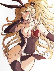 Rule 34 | 1girl, alternate costume, animal ears, artist name, bare shoulders, bear hair ornament, black gloves, black leotard, bow, breasts, cleavage, closed mouth, collarbone, criis-chan, danganronpa: trigger happy havoc, danganronpa (series), elbow gloves, enoshima junko, fake animal ears, gloves, grey background, groin, hair ornament, large breasts, leotard, long hair, looking at viewer, necktie, playboy bunny, rabbit ears, red bow, simple background, smile, solo, thighhighs, twintails