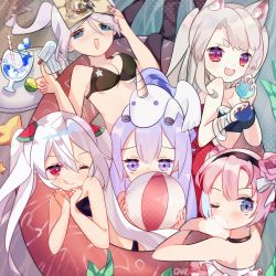 Rule 34 | 5girls, :d, ;q, animal ears, artist name, azur lane, ball, bare arms, bare shoulders, beachball, bikini, black bikini, black choker, black hairband, blue eyes, blush, book, breasts, cake (isiofb), choker, cleavage, collarbone, commentary request, covered mouth, drinking straw, fang, food, food-themed hair ornament, hair between eyes, hair ornament, hairband, heart, heart in eye, highres, holding, holding ball, innertube, light brown hair, long hair, looking at viewer, medium breasts, multiple girls, nose blush, one eye closed, open book, open mouth, pink bikini, pink hair, popsicle, portland (azur lane), purple eyes, purple hair, red eyes, saratoga (azur lane), side ponytail, silver hair, smile, star (symbol), stuffed animal, stuffed pegasus, stuffed toy, stuffed unicorn, swim ring, swimsuit, symbol in eye, thick eyebrows, thumbs up, tongue, tongue out, tray, twintails, unicorn (azur lane), v-shaped eyebrows, vampire (azur lane), very long hair, watermelon hair ornament, wolf ears, yuudachi (azur lane)