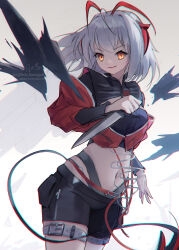 Rule 34 | 1girl, antenna hair, arknights, bad weapon, black shorts, black tank top, commentary, cowboy shot, cropped jacket, demon girl, demon horns, demon tail, english commentary, evil smile, grey background, highres, holding, holding knife, horns, jacket, knife, long sleeves, looking at viewer, multicolored hair, orange eyes, red hair, red jacket, shiki hamaguri, shorts, signature, smile, solo, streaked hair, tail, tank top, w (arknights), watermark, white hair, wis&#039;adel (arknights)