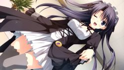 Rule 34 | 1girl, berry&#039;s, black hair, blue eyes, blush, breasts, game cg, happy, highres, kokonobi, legs, long hair, looking at viewer, maid, maid headdress, morikubo yuna, open mouth, skirt, smile, solo, standing, thighhighs, twintails, wink