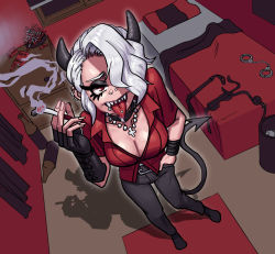 Rule 34 | 1girl, ashtray, ball gag, bdsm, bed, blindfold, breasts, cigarette, cleavage, cross, crucifix, cuffs, demon girl, ear piercing, fingerless gloves, gag, gloves, hair over one eye, handcuffs, helltaker, horns, jewelry, large breasts, lyoung0j, necklace, nose piercing, piercing, sharp teeth, smoking, tail, teeth, tongue, tongue out, tongue piercing, white hair, zdrada (helltaker)