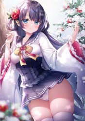 Rule 34 | 1girl, absurdres, black hair, black sailor collar, black skirt, blue eyes, blunt bangs, blush, branch, cameltoe, closed mouth, collarbone, commentary request, flower, frilled sleeves, frills, hair flower, hair ornament, hair rings, highres, leaf, long hair, looking at viewer, mitsuba choco, original, panties, pleated skirt, red flower, sailor collar, school uniform, second-party source, serafuku, shirt, skirt, smile, snow, solo, thighhighs, thighs, underwear, very long hair, white panties, white shirt, white thighhighs, wide sleeves, winter
