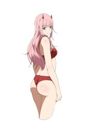 Rule 34 | bikini, blunt bangs, darling in the franxx, from behind, highres, horns, long hair, looking at viewer, looking back, pink hair, red bikini, sbel02, simple background, smile, swimsuit, white background, zero two (darling in the franxx)