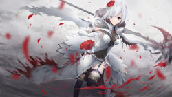 Rule 34 | 1girl, bad id, bad pixiv id, blood, blood on clothes, blue eyes, cape, dress, elbow gloves, flower, garter straps, gloves, hair flower, hair ornament, high collar, highres, motion blur, petals, rose, scal2let, scythe, see-through, serious, sinoalice, snow white (sinoalice), solo, thighhighs, torn cape, torn clothes, torn dress, white hair