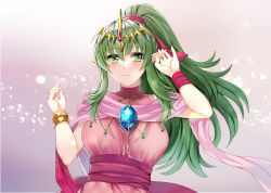 Rule 34 | 1girl, absurdres, blush, breasts, dragonstone, dress, female focus, fire emblem, fire emblem: mystery of the emblem, fire emblem awakening, fire emblem heroes, green eyes, green hair, hand up, highres, jewelry, large breasts, light particles, light rays, long hair, matching hair/eyes, necklace, nintendo, official alternate costume, pink dress, pointy ears, ponytail, short dress, simple background, solo, stone, tara (szzj7733), tiara, tiki (adult) (fire emblem), tiki (fire emblem), upper body