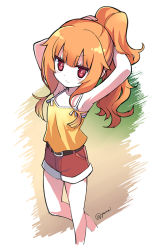 Rule 34 | &gt;:/, 10s, 1girl, :/, alternate hairstyle, amatsuka mao, armpits, arms up, belt, camisole, closed mouth, gj-bu, hair flaps, hand in own hair, high ponytail, long hair, orange hair, ponytail, red eyes, red shorts, shirt, shorts, sleeveless, sleeveless shirt, solo, twitter username, v-shaped eyebrows, yamai, yellow shirt