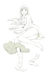 Rule 34 | 1girl, arm support, ass, barefoot, dress shirt, feet, green theme, legs, long hair, looking at viewer, lying, monochrome, on side, open clothes, open shirt, original, panties, parted lips, sakura device, shirt, sketch, skirt, solo, toes, traditional media, underwear, undressing, yoshitomi akihito