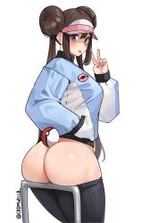 Rule 34 | 1girl, absurdres, alternate costume, ass, ass support, black pants, blue eyes, blue jacket, blush, brown hair, clothes pull, commentary request, creatures (company), cromwellb, double bun, doughnut hair bun, game freak, hair bun, hand in pocket, hand up, highres, jacket, long hair, long sleeves, nintendo, pants, pants pull, poke ball, poke ball (basic), pokemon, pokemon bw2, rosa (pokemon), simple background, solo, tongue, tongue out, twintails, v, white background