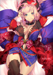 Rule 34 | 1girl, bed sheet, black panties, black thighhighs, blue eyes, blush, breasts, cleavage, commentary request, copyright name, detached collar, fate/grand order, fate (series), floral print, hair ornament, japanese clothes, kimono, large breasts, leaf print, long hair, looking at viewer, lying, maple leaf print, miyamoto musashi (fate), miyamoto musashi (third ascension) (fate), on back, panties, parted lips, pink hair, sash, shiny skin, simple background, smile, solo, thighhighs, thighs, underwear, wide sleeves, yoshimoto (dear life)