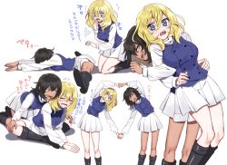Rule 34 | 10s, 2girls, andou (girls und panzer), assisted stretching, back-to-back, bad id, bad twitter id, bc freedom military uniform, black hair, black legwear, blonde hair, blue eyes, blue vest, blush, boots, brown eyes, closed eyes, dark-skinned female, dark skin, dress shirt, fang, flying sweatdrops, from side, girls und panzer, heart arms, heart arms duo, high collar, indian style, jacket, knee boots, kneeling, lifting person, locked arms, long sleeves, looking at another, looking at viewer, looking back, medium hair, military, military uniform, miniskirt, multiple girls, multiple views, no headwear, no jacket, open mouth, oshida (girls und panzer), pleated skirt, shirt, shutou mq, sitting, skirt, split, standing, stretching, symmetrical hand pose, translated, uniform, vest, white shirt, white skirt