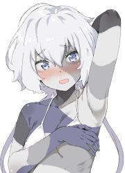 Rule 34 | 10s, 1girl, ahoge, arm behind head, armpits, bikini, blue eyes, blush, collarbone, covering privates, covering breasts, konno junko, long hair, looking at viewer, low twintails, mamedenkyuu (berun), open mouth, parted lips, silver hair, solo, stitched arm, stitched face, stitched torso, stitches, swimsuit, twintails, wavy mouth, white background, white bikini, zombie, zombie land saga