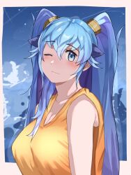 Rule 34 | 1girl, blue eyes, blue hair, blush, breasts, casual, cleavage, dragon girl, dragon horns, highres, horns, kemono friends, large breasts, long hair, looking at viewer, one eye closed, sani, seiryuu (kemono friends), singlet, solo, twintails, wavy mouth
