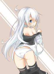 Rule 34 | 10s, 1girl, ass, bare shoulders, blue eyes, blush, clothes pull, eve (kenzen), hibiki (kancolle), highres, kantai collection, no headwear, no headwear, off shoulder, open mouth, panties, sideways glance, skirt, skirt pull, solo, underwear, verniy (kancolle), white hair, white panties