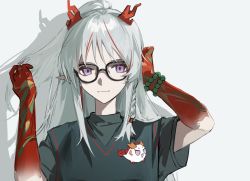 Rule 34 | 1girl, arknights, arm tattoo, bead bracelet, beads, bespectacled, bracelet, braid, chinese commentary, colored skin, dragon girl, dragon horns, earrings, female focus, glasses, grey background, hands up, horns, jewelry, long hair, multicolored hair, nian (arknights), pe902, pointy ears, ponytail, purple eyes, red hair, red skin, shirt, short sleeves, simple background, solo, streaked hair, t-shirt, tassel, tassel earrings, tattoo, upper body, white hair