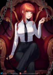 Rule 34 | 1girl, armchair, black necktie, black pants, blurry, braid, braided ponytail, breasts, chain, chainsaw man, chair, cigarette, closed mouth, collared shirt, commentary request, crossed legs, depth of field, feet out of frame, hair over shoulder, helloimtea, highres, holding, holding cigarette, holding leash, large breasts, leash, lips, makima (chainsaw man), necktie, orange eyes, paid reward available, pants, patreon username, red hair, ringed eyes, shirt, shirt tucked in, sitting, smoke, smoking, solo, throne, twitter username, white shirt