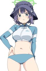 Rule 34 | 1girl, bikini, bikini bottom only, blue archive, commentary request, cropped jacket, green eyes, hair between eyes, halo, hand on own hip, hat, long sleeves, looking at viewer, momomatang, navel, official alternate costume, purple hair, saki (swimsuit) (blue archive), short hair, sidelocks, simple background, solo, stomach, swimsuit, white background