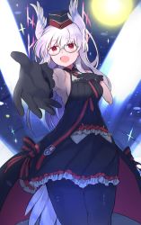Rule 34 | 1girl, alternate costume, breasts, commentary request, dress, glasses, gloves, hat, head wings, heidimarie w. schnaufer, highres, idol, ika (hinatu1992), open mouth, outstretched arm, pantyhose, red eyes, smile, solo, strike witches, white hair, wings, world witches series