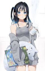 Rule 34 | 1girl, black hair, blue eyes, blue hair, blush, breasts, camisole, coffee, coffee mug, collarbone, cowboy shot, cup, curtains, gradient hair, grey camisole, grey jacket, highres, holding, holding cup, holding magazine, holding pill, jacket, long hair, long sleeves, looking ahead, magazine (object), mashiro kta, mug, multicolored hair, nail polish, off shoulder, original, parted lips, side ponytail, simple background, single bare shoulder, small breasts, solo, spilling, standing, two-tone hair, white background, window