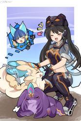 Rule 34 | 2girls, animal ears, black hair, blue hair, blush, blush stickers, cat ears, crop top, duel monster, fake tail, full body, hat, highres, i:p masquerena, long hair, midriff, mochi curry, multiple girls, ni-ni the mirror mikanko, one eye closed, open mouth, pants, petting, pokemon, pokemon (creature), purrely, purrelyly, roller skates, short hair, short sleeves, skates, smile, squatting, tail, thumbs up, twintails, yu-gi-oh!