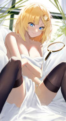 Rule 34 | backlighting, bed sheet, black thighhighs, blonde hair, blue eyes, blush, breasts, cleavage, commission, discoshoujo, hair ornament, highres, hololive, hololive english, large breasts, looking at viewer, magnifying glass, medium hair, messy hair, naked sheet, smile, solo, spread legs, swept bangs, thighhighs, virtual youtuber, watson amelia