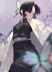 1girl belt black_hair blurry bug butterfly butterfly_hair_ornament depth_of_field closed_eyes from_below hair_ornament highres insect kimetsu_no_yaiba kochou_shinobu looking_away modare multicolored_hair parted_lips purple_background purple_hair short_hair solo