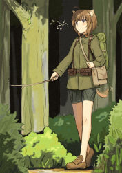 Rule 34 | 1girl, ahoge, animal ears, backpack, bag, belt, blush, brown eyes, brown hair, dog ears, dog tail, hiking, inufusa yuno, military, military uniform, musical note, pouch, shibasaki shouji, short hair, shorts, solo, stick, strike witches, tail, tree, uniform, world witches series