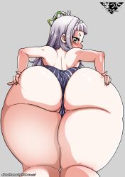 Rule 34 | 1girl, absurdres, anus, anus peek, ass, ass grab, deep skin, from behind, from below, hair ribbon, highres, hololive, huge ass, long hair, looking at viewer, looking back, looking down, murasaki shion, panties, ribbon, shimetta masuta, shiny skin, silver hair, solo, standing, striped clothes, striped panties, thick thighs, thighs, underwear, very long hair, virtual youtuber