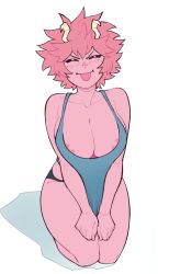 Rule 34 | 1girl, :p, areola slip, ashido mina, bare arms, bare shoulders, black panties, blue tank top, blush, boku no hero academia, breasts, cleavage, closed eyes, collarbone, colored skin, commentary, english commentary, facing viewer, full body, highres, horns, large breasts, panties, pink hair, pink skin, short hair, simple background, sitting, smile, solo, suoiresnu, tank top, tongue, tongue out, underwear, unseriousguy, v-shaped eyebrows, v arms, white background