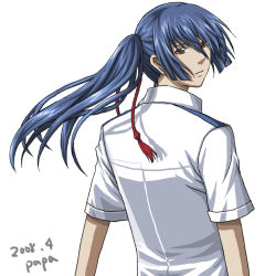 Rule 34 | 00s, 1boy, blue hair, brown eyes, from behind, hair between eyes, hong meiling, looking at viewer, looking back, macross, macross frontier, male focus, saotome alto, shirt, short sleeves, simple background, solo, t-shirt, tassel, white background, white shirt