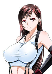 Rule 34 | 1990s (style), 1girl, breasts, cleavage, covered erect nipples, female focus, final fantasy, final fantasy vii, large breasts, retro artstyle, satsuki imonet, simple background, smile, solo, tifa lockhart