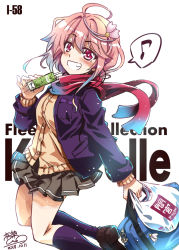 Rule 34 | 1girl, :d, ahoge, alternate costume, bag, commentary request, contemporary, gradient hair, grin, hair ornament, holding, i-58 (kancolle), jacket, kantai collection, looking at viewer, milk carton, multicolored hair, musical note, open mouth, pink hair, plastic bag, pleated skirt, red eyes, scarf, school bag, school uniform, shopping bag, short hair, skirt, smile, solo, spoken musical note, takana shinno, translation request