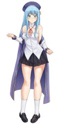 Rule 34 | 1girl, black footwear, black skirt, blue hair, breast cutout, breasts, cape, green eyes, hair down, hat, highres, kenja no mago, long sleeves, neckwear request, red tail, sarhce, shirt, shoes, sicily von claude, skirt, socks, white background, white shirt, white socks