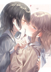 Rule 34 | 2girls, absurdres, averting eyes, black hair, blue eyes, blush, braid, brown hair, brown shirt, commentary, earrings, food, food in mouth, french braid, grey shirt, half updo, heart, highres, holding hands, hug, imminent kiss, interlocked fingers, jewelry, long hair, long sleeves, looking at another, multiple girls, original, outline, pocky, pocky day, pocky in mouth, pocky kiss, red eyes, sailor collar, school uniform, serafuku, shared food, shirt, sidelocks, stud earrings, touki matsuri, upper body, white outline, white sailor collar, yuri