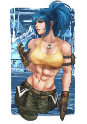 Rule 34 | 1girl, abs, absurdres, ammunition pouch, armlet, bare shoulders, belt, biceps, blue eyes, blue hair, breasts, camouflage, camouflage pants, character name, dog tags, earrings, gloves, highres, jewelry, large breasts, leona heidern, midriff, military, military uniform, monori rogue, muscular, muscular female, pants, ponytail, pouch, sleeveless, solo, standing, tank top, the king of fighters, the king of fighters xiv, the king of fighters xv, triangle earrings, uniform, white background, yellow tank top