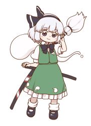 Rule 34 | 1girl, black bow, black bowtie, black footwear, black hairband, blue eyes, bob cut, bow, bowtie, closed mouth, collared shirt, full body, green skirt, green vest, hair bow, hairband, hand up, highres, holding, holding sword, holding weapon, konpaku youmu, konpaku youmu (ghost), looking at viewer, multiple swords, poronegi, puffy short sleeves, puffy sleeves, shirt, shoes, short hair, short sleeves, simple background, skirt, smile, solo, sword, tomoe (symbol), touhou, vest, weapon, white background, white hair, white shirt, wing collar