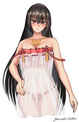 Rule 34 | 1girl, azur lane, bare shoulders, black hair, breasts, cosplay, cowboy shot, dress, highres, historical name connection, kantai collection, large breasts, long hair, nagato (azur lane), nagato (azur lane) (cosplay), nagato (kancolle), name connection, one-hour drawing challenge, red eyes, rekka yamato, see-through, see-through dress, solo, strap slip, white dress
