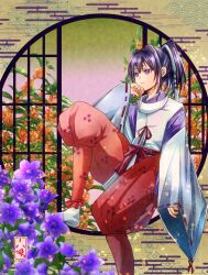 1boy bishounen black_hair flower hakama hakama_pants highres houjou_tokiyuki_(nige_jouzu_no_wakagimi) japanese_clothes kariginu long_hair long_sleeves male_focus nige_jouzu_no_wakagimi pants parted_bangs ponytail purple_eyes red_hakama ribbon-trimmed_sleeves ribbon_trim runa_(ren_rainfall) sash sidelocks_tied_back wide_sleeves window