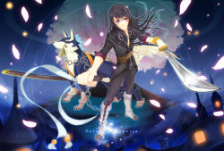 Rule 34 | 00s, 1boy, bad id, bad pixiv id, boots, cherry blossoms, copyright name, dog, highres, knee boots, long hair, male focus, repede (tales), shikago, solo, sword, tales of (series), tales of vesperia, weapon, yuri lowell