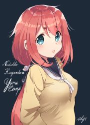 Rule 34 | 1girl, artist name, blue eyes, blush, breasts, character name, copyright name, hair ornament, hair scrunchie, highres, kagamihara nadeshiko, lips, long hair, long sleeves, looking at viewer, low twintails, medium breasts, red hair, school uniform, scrunchie, shift (waage), signature, simple background, twintails, upper body, yurucamp