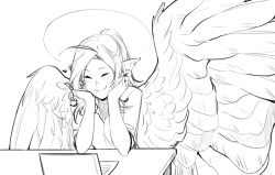 Rule 34 | 1girl, ^ ^, ahoge, closed eyes, elbow rest, closed eyes, greyscale, haohi (less), happy, heart, large wings, less, monochrome, notebook, original, pointy ears, sketch, smile, solo, table, wings
