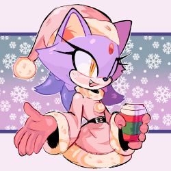 Rule 34 | 1girl, alternate costume, animal ears, animal nose, belt, belted dress, blaze the cat, blush, body fur, cat ears, cat girl, christmas, cup, disposable cup, dress, drink, fang, female focus, flat chest, forehead jewel, fur-trimmed dress, fur-trimmed headwear, fur trim, furry, furry female, gem, gloves, hair down, hands up, happy, hat, highres, holding, holding cup, holding drink, light blush, long sleeves, medium hair, multicolored hair, one eye closed, open mouth, outline, pom pom (clothes), purple fur, purple hair, red dress, red gemstone, red gloves, red hat, santa costume, santa hat, sideways mouth, sketch, smile, snowflake background, solo, sonic (series), stellarspin, two-tone fur, two-tone hair, upper body, white fur, white outline, wide sleeves, wink, yellow eyes