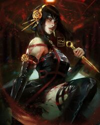 Rule 34 | 1girl, bare shoulders, black dress, black gloves, black hair, black thighhighs, blood, blood on clothes, bloody weapon, breasts, dagger, dress, earrings, flower, gloves, gold earrings, gold hairband, hair flower, hair ornament, hairband, highres, holding, holding dagger, holding knife, holding weapon, jewelry, knife, long hair, looking at viewer, medium breasts, red eyes, sebijy1, sidelocks, solo, spy x family, thighhighs, two-sided dress, two-sided fabric, weapon, yor briar