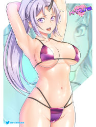 Rule 34 | 1girl, armpits, arms behind head, bikini, breasts, collarbone, colored eyelashes, commentary, cowboy shot, etchimune, horns, large breasts, long hair, multi-strapped bikini, navel, oni horns, purple bikini, purple eyes, purple hair, shion (tensei shitara slime datta ken), single horn, smile, solo, swimsuit, tensei shitara slime datta ken, twitter username, upper body, zoom layer