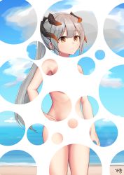 Rule 34 | 1girl, absurdres, arknights, beach, blue sky, brown eyes, cloud, commentary request, cowboy shot, day, female focus, gayleong, highres, horns, korean commentary, long hair, looking at viewer, nude, ocean, outdoors, ponytail, saria (arknights), silver hair, sky, solo, standing, stomach, thighs, very long hair