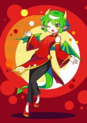 Rule 34 | 1girl, absurdres, black pants, blush, brown eyes, china dress, chinese clothes, detached sleeves, draco centauros, dragon girl, dragon horns, dragon tail, dragon wings, dress, fang, full body, green hair, highres, horns, looking at viewer, offbeat, one eye closed, open mouth, pants, pointy ears, puyopuyo, red dress, red footwear, short hair, smile, solo, tail, wings
