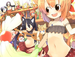 Rule 34 | 2boys, 6+girls, animal ears, arm garter, cat ears, cat tail, crowd, dancing, flat chest, fuyuno mikan, instrument, jewelry, lute (instrument), midriff, multiple boys, multiple girls, necklace, pixiv fantasia, pixiv fantasia 4, tail