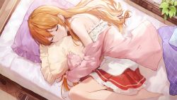 Rule 34 | 1girl, absurdres, barefoot, bed, camisole, cardigan, closed eyes, commentary, crossed wrists, fingernails, from above, hair ornament, hairclip, highres, konoe kanata, long hair, love live!, love live! nijigasaki high school idol club, lying, miniskirt, necomi, hugging object, on side, open cardigan, open clothes, orange hair, pillow, pillow hug, pink cardigan, red skirt, skirt, sleeping, sleeves past wrists, solo, white camisole