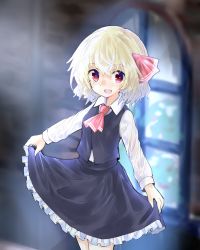 Rule 34 | 1girl, absurdres, ascot, black skirt, black vest, blonde hair, blurry, blurry background, clothes lift, commentary, cowboy shot, fang, hair between eyes, hair ribbon, highres, lifted by self, long sleeves, looking at viewer, open mouth, petticoat, red ascot, red eyes, ribbon, rumia, shirt, short hair, skin fang, skirt, skirt lift, solo, stained glass, standing, touhou, vest, white shirt, window, yuki nana