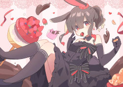 Rule 34 | 1girl, animal ears, bare shoulders, black bow, black dress, black footwear, black gloves, black socks, bow, breasts, brown hair, chocolate, commentary, detached collar, dress, elbow gloves, english commentary, eyes visible through hair, food, food in mouth, fruit, gloves, hair between eyes, hands up, highres, holding, holding food, looking at viewer, mouth hold, multicolored hair, original, rabbit ears, red eyes, red hair, ryoku sui, shoes, small breasts, socks, solo, strapless, strapless dress, strawberry, striped background, striped bow, two-tone hair, valentine